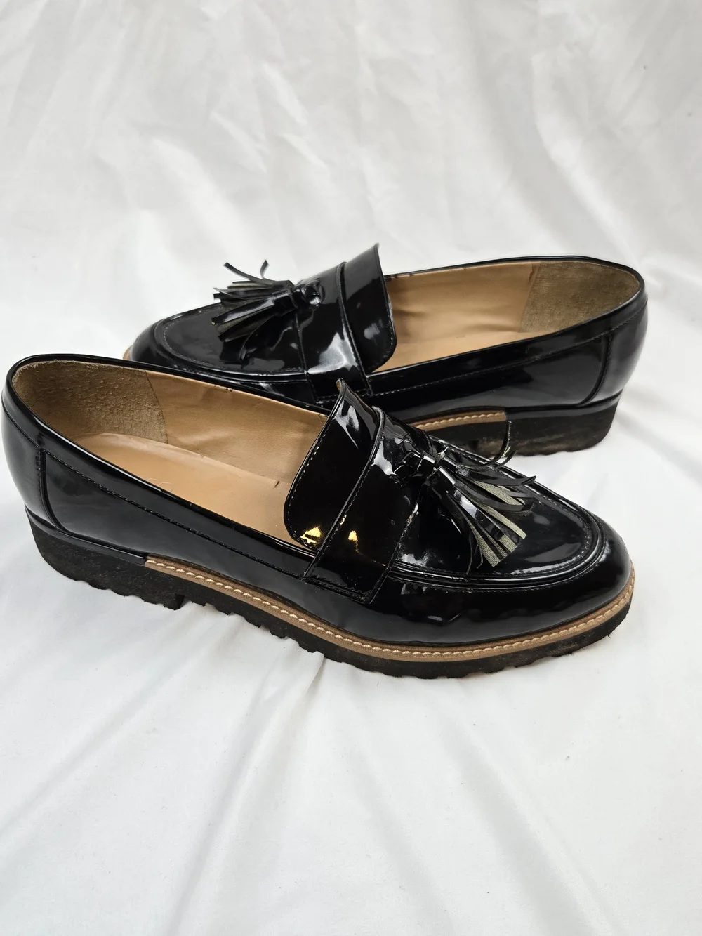 Franco Sarto Carolynn Tassel Loafers Women's Size 10 Black Patent Lug Sole